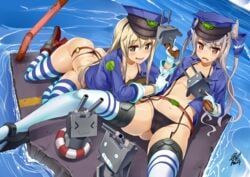 2girls alternate_costume amatsukaze_(kantai_collection) ass ass_cleavage belt bikini black_panties blonde_hair blue_eyes blush brown_eyes butt_crack cameltoe garter_straps gloves gun hat highres innertube kantai_collection long_hair multiple_girls ocean panties peaked_cap police police_uniform rensouhou-chan rensouhou-kun shimakaze_(kantai_collection) silver_hair smile striped striped_legwear swimsuit two_side_up underwear uniform uo_denim water weapon white_legwear