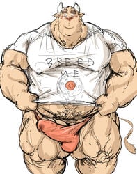 2021 anthro barazoku blush bodily_fluids bovid bovine brown_body bulge cattle clothing genitals horn kemono kotobuki male male_only mammal musclegut penis shirt simple_background solo sweat text text_on_clothing text_on_shirt text_on_topwear topwear underwear white_background