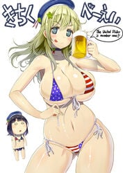 2girls :q alcohol american_flag_bikini ass_visible_through_thighs atago_(kantai_collection) beer beer_mug beret bikini black_hair blonde_hair blue_eyes blush breast_envy breasts choker cup english_text flag_print front-tie_top hair_ornament hat highres holding holding_cup huge_breasts kantai_collection long_hair looking_at_viewer mug multiple_girls one_eye_closed print_bikini shiny shiny_skin short_hair side-tie_bikini simple_background skindentation star-shaped_pupils star_(symbol) star_hair_ornament swimsuit symbol-shaped_pupils takao_(kantai_collection) tongue tongue_out union_jack union_jack_bikini uo_denim white_background