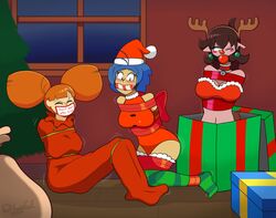 3girls arms_tied_behind_back ball_gag blue_eyes blue_hair bondage bound_ankles bound_legs brown_hair candy_cane_gag candy_cane_in_mouth closed_eyes dellchan584 fake_horns gag gagged in_box orange_hair original original_character tape_gag yellow_eyes