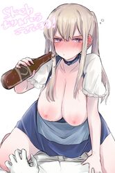 1boy admiral_(kantai_collection) alcohol alternate_costume areolae bangs blush bottle breasts choker commission dirndl drunk female german_clothes gloves graf_zeppelin_(kantai_collection) hair_between_eyes holding holding_bottle kantai_collection karin_bluez3 large_areolae large_breasts long_hair nipples nose_blush pouring purple_eyes sagging_breasts short_sleeves sidelocks simple_background skeb_commission solo_focus straight twintails white_background white_gloves