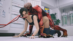 16:9 1girls 1monster 3d brown_hair capcom claire_redfield doggy_style emperor_hentai_125 extreme_french_kiss female laboratory licker monster mutant resident_evil resident_evil_2 resident_evil_2_remake straight sucking