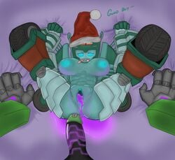 1boy 1girls big_breasts big_penis blue_eyes blue_nipples breasts christmas cogger creampie cum cum_drip cum_dripping cum_in_pussy cum_inside cum_leaking cum_stain female leaking leaking_cum male nickel_(transformers) nipples open_legs pov pussy robot robot_girl robot_humanoid spread_legs thick_thighs transformers transformers_idw