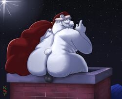 2021 anthro ass backsack balls belly chimney christmas christmas_clothing christmas_headwear clothing fur genitals hat headgear headwear holidays humanoid_hands kronexfire male male_only mammal night outside overweight overweight_male polar_bear santa_claus santa_hat sitting solo ursid ursine white_body white_fur