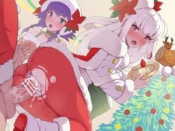 2girls alternate_costume ass big_ass black_eyes blush boris_(noborhys) braid cake censored christmas christmas_outfit christmas_tree clothed_sex cum cum_in_pussy cum_inside embarrassed female_focus fire_emblem fire_emblem:_the_sacred_stones fire_emblem:_three_houses fire_emblem_heroes food from_below fruit hat highres long_hair looking_back lute_(fire_emblem) lute_(winter)_(fire_emblem) lysithea_von_ordelia lysithea_von_ordelia_(winter) multiple_girls nintendo official_alternate_costume open_mouth panties pantyhose pantylines pantyshot pantyshot_(standing) pink_eyes purple_hair pussy see-through sex short_hair solo_focus strawberry torn_clothes tree twin_braids underwear upskirt vaginal vaginal_penetration white_hair white_panties