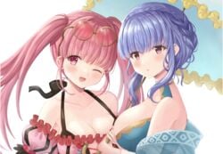 2girls :o ;d alternate_costume bangs bare_shoulders bikini blue_bikini blue_hair blue_swimsuit braid breasts brown_eyes cleavage collarbone eyewear_on_head female_only fire_emblem fire_emblem:_three_houses fire_emblem_heroes hilda_valentine_goneril hilda_valentine_goneril_(summer) large_breasts light_blue_hair long_hair marianne_von_edmund marianne_von_edmund_(summer) multiple_girls nintendo official_alternate_costume one_eye_closed open_mouth parasol pink_bikini pink_eyes pink_hair pink_swimsuit short_hair smile sunglasses swimsuit twintails umbrella yui_(msy1302mana)