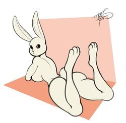 2020 anthro ass beastars breasts digital_media_(artwork) domestic_rabbit dwarf_rabbit female freckles_(artist) haru_(beastars) hi_res lagomorph leporid looking_at_viewer looking_back lying mammal on_front oryctolagus rabbit side_boob signature simple_background smile solo