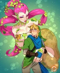 1boy 1girls assertive_female blonde_hair blue_eyes blush eyeshadow fondling fondling_penis giantess gloves great_fairy great_fairy_(hyrule_warriors) hand_down_pants holding_penis hyrule_warriors kukumomo leaves link link_(hyrule_warriors) lipstick macro_female micro_male micro_on_macro nail_polish pink_hair pink_nails pretty_boy purple_eyeshadow red_lipstick scarf size_difference the_legend_of_zelda tunic