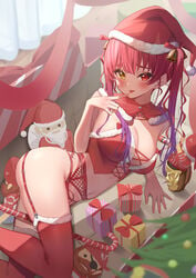 1girls 2021 :p arm_support bangs bell blush box bra breasts bustier candy candy_cane christmas cleavage detached_collar eyebrows_visible_through_hair feet_out_of_frame female female_focus female_only finger_to_mouth food fur-trimmed_legwear fur_trim garter_belt gift gift_box gradient_hair hair_bell hair_ornament hat heterochromia highres hololive hololive_fantasy hololive_japan houshou_marine large_breasts lingerie long_hair looking_at_viewer lying multicolored_hair navel nyaa28 on_side panties purple_hair red_bra red_eyes red_legwear red_panties red_ribbon ribbon santa_costume santa_hat skull_cup solo solo_female stomach thighhighs tongue tongue_out twintails underwear virtual_youtuber yellow_eyes