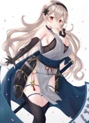 1girls alternate_costume bare_thighs breasts cleavage corrin_(fire_emblem) corrin_(fire_emblem)_(female) elbow_gloves female_only fingerless_gloves fire_emblem fire_emblem_fates fire_emblem_heroes gloves grey_hair inner_thighs large_breasts long_hair looking_at_viewer ninja nintendo official_alternate_costume red_eyes sideboob smile solo sword thighs weapon yui_(msy1302mana)