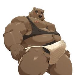 1boy 2021 absurd_res anthro balls belly bodily_fluids bulge clothed clothing erection erection_under_clothes erection_under_clothing genital_fluids genital_outline genitals hi_res jockstrap jumperbear kemono male male_only mammal moobs navel nipples overweight overweight_male penis_outline precum simple_background solo underwear ursid white_background white_underwear