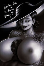 1boy 1boy1girl 1girls 2dnsfw 2dswirl alcina_dimitrescu areolae big_breasts black_and_white breasts ethan_winters exposed_breasts face_between_breasts female female_focus femdom hat height_difference huge_breasts large_breasts lipstick male marshmallow_hell necklace nipples resident_evil resident_evil_8:_village smile straight text unseen_male_face white_skin wholesome