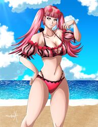 1girls alternate_costume ass_visible_through_thighs bangs bare_legs beach bikini breasts cleavage eyewear_on_head female female_only fire_emblem fire_emblem:_three_houses fire_emblem_heroes hilda_valentine_goneril hilda_valentine_goneril_(summer) large_breasts long_hair nintendo ocean official_alternate_costume outdoors pink_bikini pink_eyes pink_hair pink_swimsuit sand smile solo sonicheroxd sunglasses swimsuit twintails