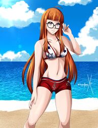 alternate_costume atlus breasts female glasses medium_breasts outdoors outside persona persona_5 sakura_futaba small_breasts sonicheroxd swimsuit tagme teenager