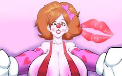 1girls big_breasts breasts clown clown_girl clown_makeup clown_nose elbow_gloves gigantic_breasts gloves hairbow huge_breasts kiss_mark kissing large_breasts nipples original original_character rainbow_eyes smile sunny_rainbow suspenders therammerscafe