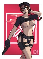 8botfunpunch ash_(rainbow_six) breasts gun looking_over_eyewear looking_over_glasses looking_over_sunglasses rainbow_six rainbow_six_siege sunglasses thigh_strap tinted_eyewear