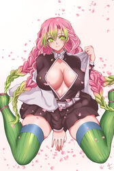 bangs big_breasts braided_hair cleavage demon_slayer female female_only green_eyes haori kanroji_mitsuri kimetsu_no_yaiba long_hair looking_at_viewer mole_under_eye mr._chuushuu_setsu no_bra open_shirt petals pink_hair pleated_skirt sitting smile solo thick_thighs thighhighs two_tone_hair uniform very_long_hair wariza zettai_ryouiki