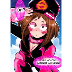 1girls bodysuit breasts camie_utsushimi camie_utsushimi_(cosplay) cleavage cosplay costume_change dialogue english_text female female_focus female_only hat hero_outfit_(mha) my_hero_academia ochako_uraraka personality_change pov shiketsu_high_school_cap shippingochako solo solo_female speech_bubble text tight_clothing uraraka_ochako utsushimi_camie utsushimi_camie_(cosplay)