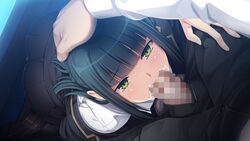 1boy bangs black_hair black_jacket black_legwear black_pants black_skirt blunt_bangs blush brown_footwear censored cum cum_in_mouth fellatio female game_cg green_eyes hand_on_another's_head inkou_kyakusen_uzushio jacket long_hair looking_at_viewer looking_up neyagawa_rio open_fly oral overflow pants pov sakurajima_saromako shiny shiny_hair shirt sidelocks skirt straight sweatdrop white_shirt