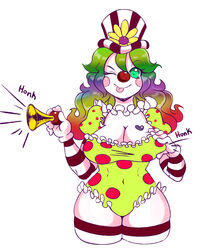 1girls 2015 2d big_breasts breasts cleavage clown clown_girl clown_makeup clown_nose female female_only gloves green_eyes heart_tattoo honk large_breasts meganemausu miss_honker rainbow_hair solo tagme top_hat white_skin