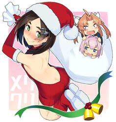 3girls ahoge alternate_costume ass ass_cleavage backless_dress backless_outfit bell black_hair blue_eyes blush blush_stickers boots border bow brown_hair butt_crack chibi dress elbow_gloves gloves green_eyes green_ribbons hair_intakes hair_ornament hairbow hairclip halter_dress halterneck hat holding holding_sack kagerou_(kantai_collection) kantai_collection kuroshio_(kantai_collection) long_hair looking_at_viewer meme_attire multiple_girls nose_blush outside_border pink_background pink_hair pom_pom_(clothes) red_dress red_footwear red_gloves red_headwear remodel_(kantai_collection) ribbon sack santa_hat shiranui_(kantai_collection) short_hair sidelocks smile taketora_suzume thick_eyebrows v-shaped_eyebrows virgin_killer_sweater white_border white_bow