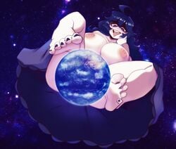 areola big_breasts breasts dress feet giantess hex_maniac mostly_nude nails nipples pokemon space tongue tongue_out white_skin world yurnsfw