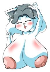 anthro blush closed_eyes erect_nipples female furry grey_hair huge_breasts miawmiaw72 one_arm_up open_mouth solo temmie_(undertale) transparent_background undertale white_fur