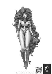 1girls alien alien_girl areola_slip big_breasts black_and_white blank_eyes boots breasts cameltoe cleavage dc dc_comics fluffy_hair hentaihead koriand'r long_hair metal_bikini nipples pinup smiling sole_female starfire teen_titans