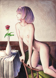 aqua_eyes armchair ass breasts chair eyebrows_visible_through_hair female flower highres kantai_collection looking_away millipen_(medium) nipples nude open_mouth pink_hair red_flower rose shiranui_(kantai_collection) small_breasts solo table tesun_(g_noh) traditional_media watercolor_pencil_(medium)