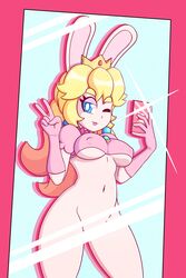 1girls alternate_breast_size anthro aurashock belly belly_button blonde_hair blue_eyes bottomless breasts bunny_ears cellphone censored_pussy cosplay crown eyelashes female female_only gesture holding_cellphone long_gloves long_hair looking_at_viewer mario_(series) mario_+_rabbids mario_+_rabbids:_kingdom_battle nintendo nipple_bulge one_eye_closed partially_clothed pink_gloves pink_topwear princess_peach rabbid rabbid_peach rabbit raving_rabbids reflection_censor selfie solo_female standing tongue tongue_out ubisoft underboob