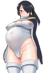 big_breasts black_hair blush cameltoe embarrassed emperor_penguin_(kemono_friends) female female_only frown gloves hair_over_one_eye headphones highleg highleg_leotard hoodie kemono_friends leotard long_sleeves looking_at_viewer low-angle_view navel nipple_bulge nipples_visible_through_clothing no_bra pregnant pubic_hair_peek see-through_clothing skin_tight solo taji_(crowview) thick_thighs thighhighs white_legwear white_thighhighs