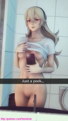 1girls 3d breasts corrin_(fire_emblem) corrin_(fire_emblem)_(female) english_text female fire_emblem fire_emblem_fates foulveins mirror mirror_selfie nintendo nipples phone pussy reflection selfie smartphone solo text
