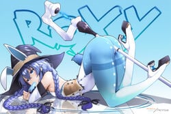 1girls ass blue_hair braided_hair bunny_ears bunny_tail bunnysuit female hat high_heels hotvr leotard mushoku_tensei pantyhose roxy_migurdia skin_tight solo thick_thighs tight_clothing twin_braids witch_hat