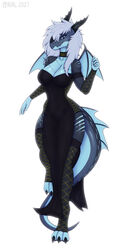 1:2 1girls 3_toes 5_fingers anthro anthro_only anthrofied bare_shoulders big_breasts black_dress blue_eyes blush breasts cleavage clothed clothes clothing collar dragon dragoness eyebrows eyebrows_visible_through_hair eyelashes female female_only full_body goth goth_girl half-closed_eyes hips horns humanoid large_breasts lizard long_tail looking_at_viewer nira_(unrealcereal) reptile seductive seductive_eyes seductive_look seductive_smile simple_background small_wings smile smiling solo solo_female standing standing_on_one_leg tail thick thick_thighs thighs unrealcereal white_background white_hair wide_hips wings