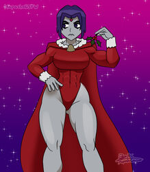 1girls abs big_breasts blue_eyes christmas christmas_outfit clothed clothed_female dc dc_comics grey_body grey_skin mapashonsfw mistletoe muscles muscular purple_eyes purple_hair rachel_roth raven_(dc) short_hair teen_titans thick_thighs thighs tight_clothing tsundere