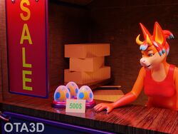 anthro box clothed clothing container cum_container cum_jar dragonfoxstudios egg female hi_res ota3d otadragonclaw sale sign solo store storefront tongue tongue_out