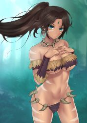 2d 2d_(artwork) barely_clothed black_hair ero_waifu forest forest_background gem_on_forehead green_eyes green_eyes_female huge_breasts jewel_on_forehead league_of_legends nidalee ponytail riot_games skimpy skimpy_clothes strapless strapless_top strapless_topwear tied_hair tribal_markings tribal_tattoo tribal_tattoos tubetop
