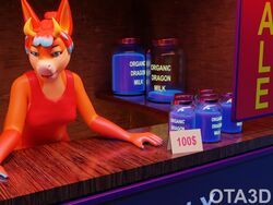 anthro box clothed clothing container cum_container cum_jar dragonfoxstudios egg female hi_res ota3d otadragonclaw sale sign solo store storefront tongue tongue_out