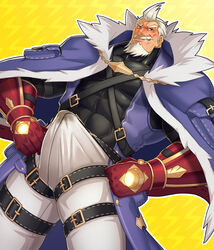 1boy bara beard belt black_shirt blue_capelet blue_coat boots bulge capelet chest_belt coat covered_abs cum cum_in_clothes dutch_angle energy_camdy erection erection_under_clothes facial_hair fur-trimmed_capelet fur-trimmed_coat fur_trim gloves glowing grin happy highres long_beard long_sleeves looking_at_viewer male_focus male_only mature_male moustache muscular muscular_male old old_man orange_eyes pants pectorals red_gloves shirt short_hair sideburns sleeveless_coat smile solo standing steampunk taiga_(world_flipper) taut_clothes taut_shirt thick_thighs thighs v-shaped_eyebrows white_hair white_pants world_flipper wrinkled_skin