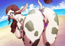 2018 aizawasilk anthro anus beach bent_over biped blue_hair bovid bovine brown_hair cattle eleanor female genitals hair holstein_friesian_cattle horizon looking_back mammal open_mouth outside public pussy pussy_floss rear_view sea seaside solo water