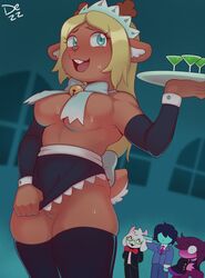 1boy 1other 2girls anthro antlers breasts buck_teeth butler cocktail_glass covered_nipples cup deer_tail deltarune dezz drinking_glass furry glasses goat_boy goat_horns highres horns kris_(deltarune) maid_headdress multiple_girls no_panties noelle_holiday pussy ralsei reindeer_antlers reindeer_girl skirt susie_(deltarune) sweat tail teeth tray