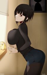 1girls ass big_bird_(blossom_hope) black_eyes black_hair blossom_hope breast_press breasts clothed clothing large_breasts looking_at_viewer pantyhose plushie short_hair shorts sideboob signature thick_thighs tomi_washua watermark white_skin woomler