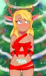 1girls 2d animal_ears anthro anthro_female anthro_only antlers blonde_hair blush brown_fur christmas christmas_tree deer_ears deer_girl deltarune deltarune_chapter_2 female female_focus female_only freckles furry furry_female furry_only grey_eyes humanoid humanoid_female humanoid_only kemonomimi long_hair mammal mammal_humanoid monster_girl nekomatic noelle_holiday reindeer shy sign solo undertale_(series) wrapped wraps