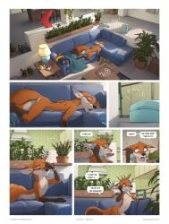 adam_wan anthro ass awakening barely_visible_genitalia bodily_fluids canid canine closer_(zaush) comic drooling english_text fox fur furniture genitals hi_res jayden_coultier_(zaush) lying lying_on_sofa male mammal nude on_sofa one_eye_closed open_mouth orange_body orange_fur page_45 page_number phone_call red_fox rubbing_eyes saliva sleeping sofa solo yawn zaush