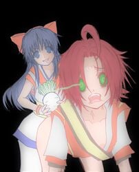 1boy 1girls ainu_clothes all_fours artist_request crazy_eyes female green_eyes hair_ribbon imminent_rape japanese_clothes long_hair male nakoruru open_mouth purple_hair red_hair samurai_shodown scared shaded_face shizumaru_hisame smile snk thighs vegetable you_gonna_get_raped