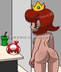 1girls after_shower ass back back_view bathroom big_ass breasts crown everyone_is_so_mean_2_me facing_away female female_only jewelry mario_(series) meme mushroom nintendo nude orange_hair princess_daisy simple_background solo standing super_mario_bros. vilepluff wet_skin