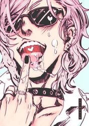 1boy ayato_yuri cathexis_art choker cum_in_mouth cum_on_face pierced_ears piercings pink_hair saliva sunglasses tongue_out tongue_piercing yaoi yarichin_bitch-bu yarichin_bitch_club