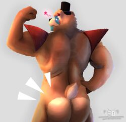 2021 absurd_res animatronic anthro ass big_butt big_muscles clothing ear_piercing ear_ring emanata eyebrows facial_markings five_nights_at_freddy's five_nights_at_freddy's:_security_breach flexing fur glamrock_freddy_(fnaf) grey_background hand_on_hip hat head_markings headgear headwear heart hi_res jayjay_(artist) looking_at_viewer looking_back looking_back_at_viewer machine male male_only mammal markings muscular muscular_anthro muscular_male narrowed_eyes nude piercing rear_view robot scottgames shoulder_pads simple_background smile solo solo_male standing top_hat tuft ursid video_games