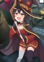 bandage big_hat black_kneehighs blush brown_hair cape giant_hat heart-shaped_pupils kono_subarashii_sekai_ni_shukufuku_wo! looking_up magic_staff megumin pooldance red_dress small_breasts standing thighhighs