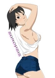 1girls alternate_costume arm_up ass bare_legs black_eyes black_hair breast_grab breasts clothed_female clothing clothing_lift denim denim_shorts female female_only grabbing_own_breast hand_on_head long_hair naruto naruto_(series) naruto_shippuden no_bra no_panties pinup posing round_ass shiny shiny_hair shiny_skin shirt shirt_lift shizune short_shorts shoulder_length_hair side_view sideboob skindentation sleeveless sleeveless_shirt solo solo_focus tank_top zunopziz